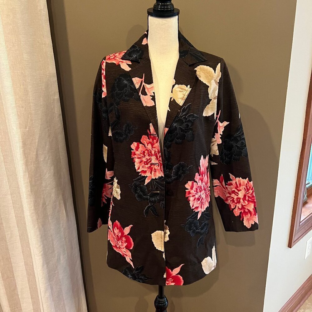 Vintage Floral Silk Jacket, Brown coat with bright pink flowers, Size Small